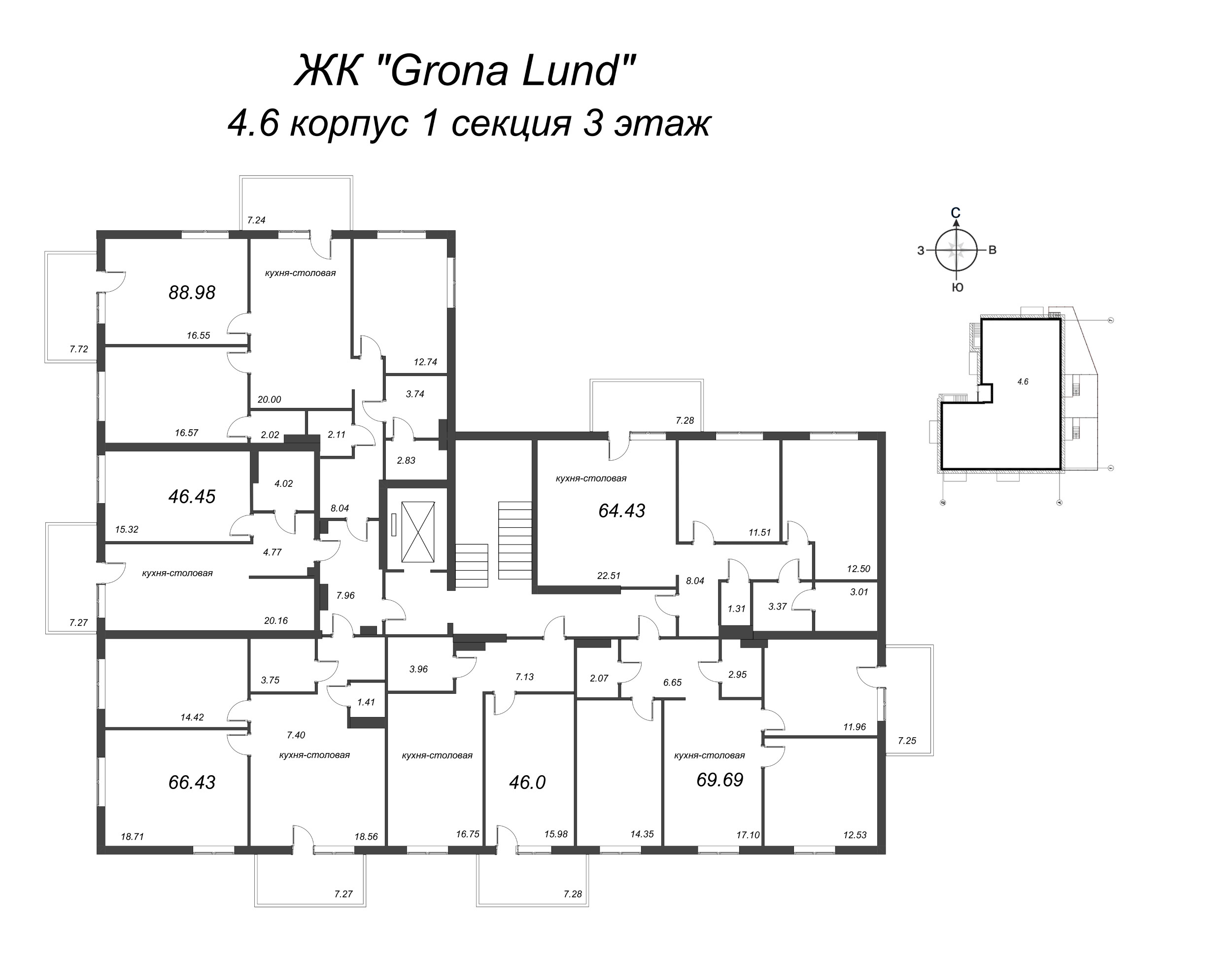 2-комнатная (Евро) квартира, 45.54 м² в ЖК "Grona Lund" - планировка этажа