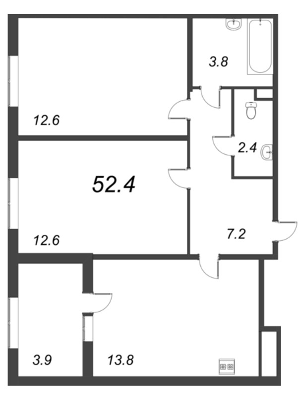 2-комнатная квартира, 52.4 м² в ЖК "Дубровский" - планировка, фото №1