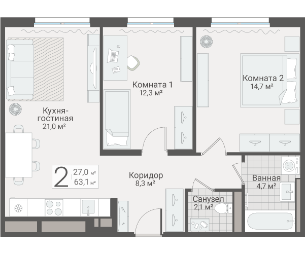 3-комнатная (Евро) квартира, 63.1 м² в ЖК "Руднева 15" - планировка, фото №1