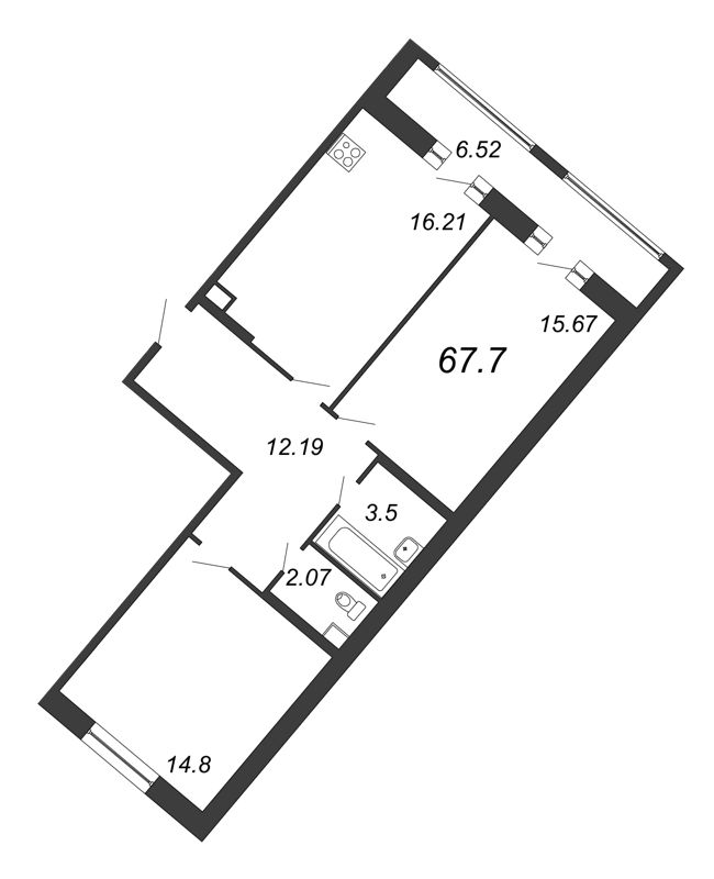 3-комнатная (Евро) квартира, 67.7 м² - планировка, фото №1