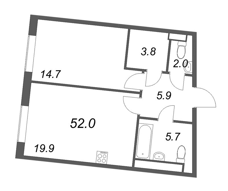 2-комнатная (Евро) квартира, 52.2 м² в ЖК "Визионер" - планировка, фото №1