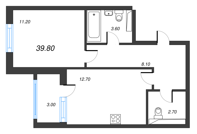2-комнатная (Евро) квартира, 39.8 м² - планировка, фото №1