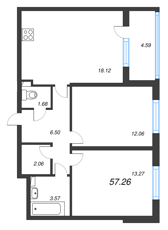 3-комнатная (Евро) квартира, 57.26 м² в ЖК "Любоград" - планировка, фото №1