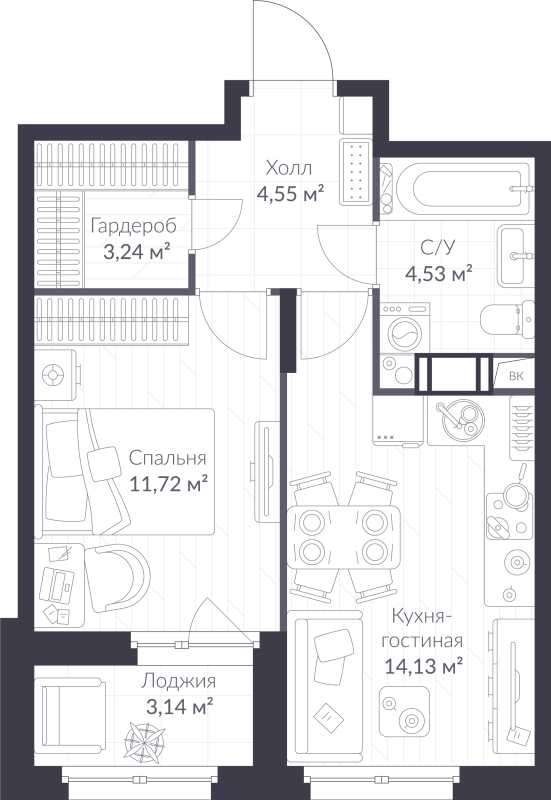 1-комнатная квартира, 39.74 м² в ЖК "VEREN NORT сертолово" - планировка, фото №1