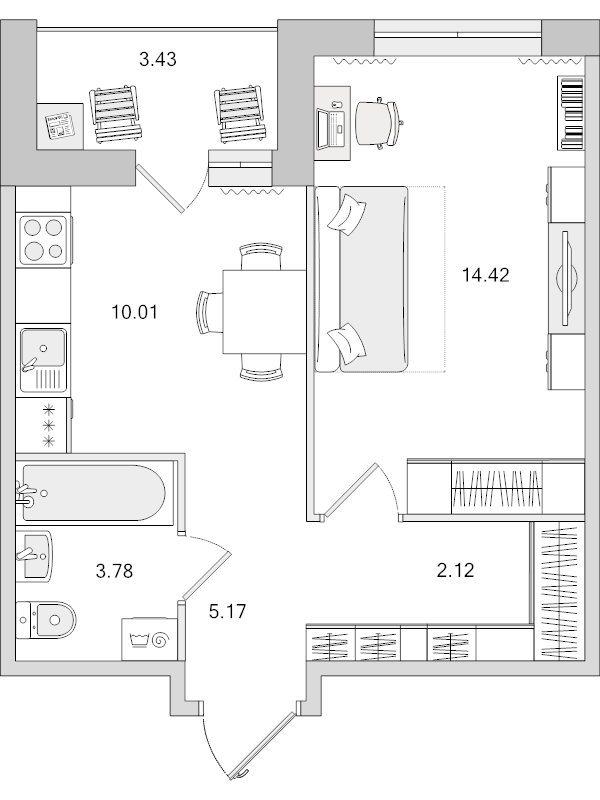 1-комнатная квартира, 38.93 м² в ЖК "Dreamline" - планировка, фото №1