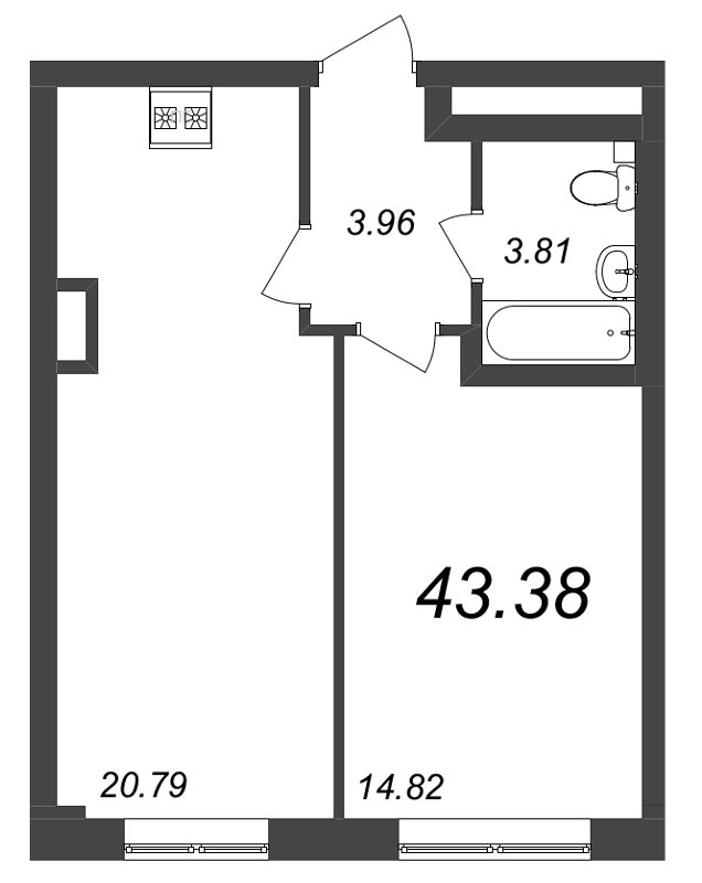 2-комнатная (Евро) квартира, 43.38 м² - планировка, фото №1