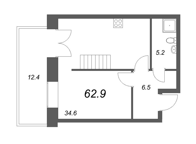 1-комнатная квартира, 61.8 м² - планировка, фото №1