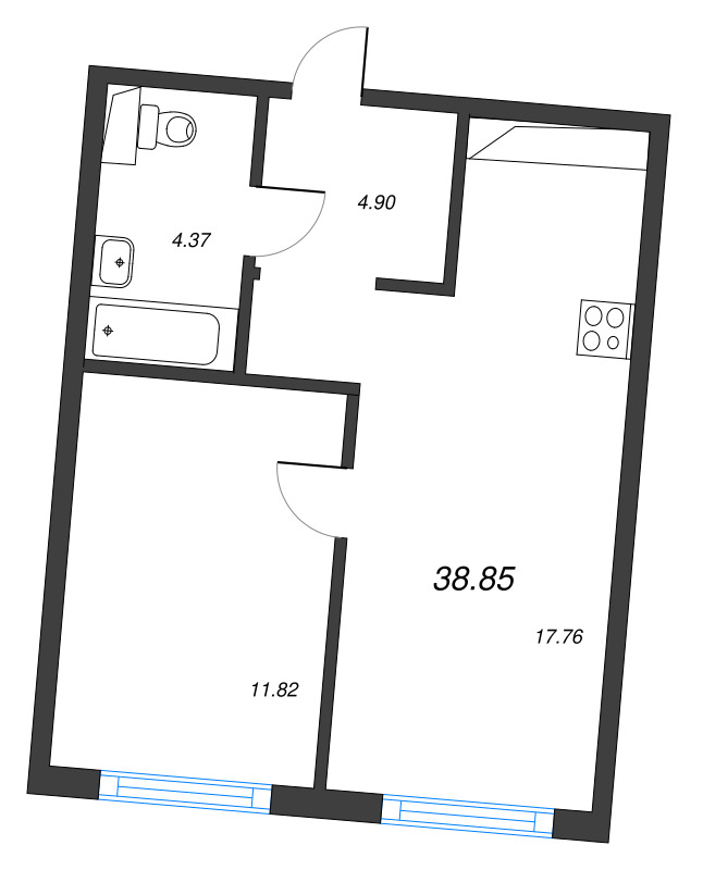 2-комнатная (Евро) квартира, 38.85 м² в ЖК "Legenda Васильевского" - планировка, фото №1