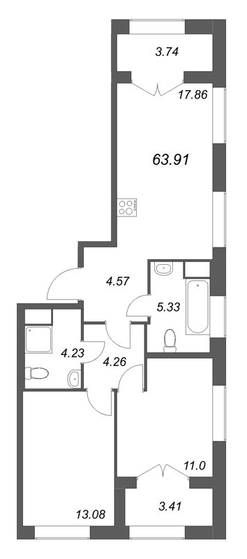 3-комнатная (Евро) квартира, 63.91 м² в ЖК "Речной квартал" - планировка, фото №1