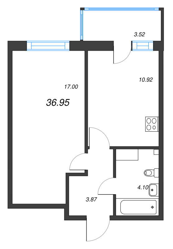 1-комнатная квартира, 36.95 м² в ЖК "Аквилон Янино" - планировка, фото №1