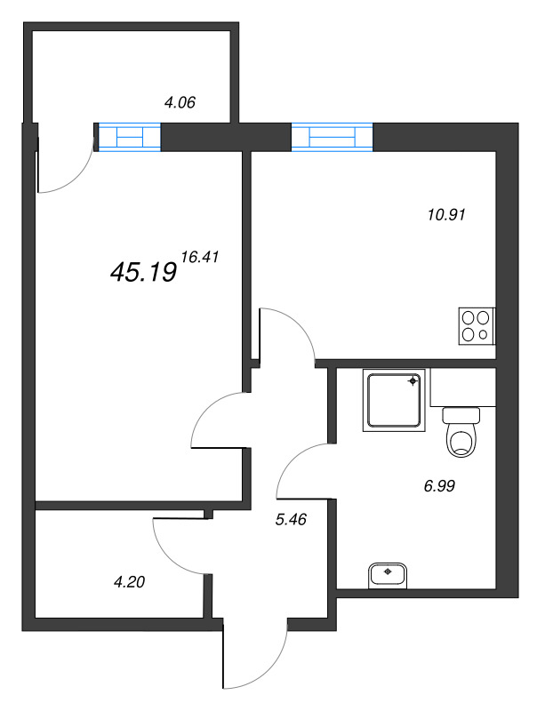 1-комнатная квартира, 45.88 м² в ЖК "Рощино Residence" - планировка, фото №1
