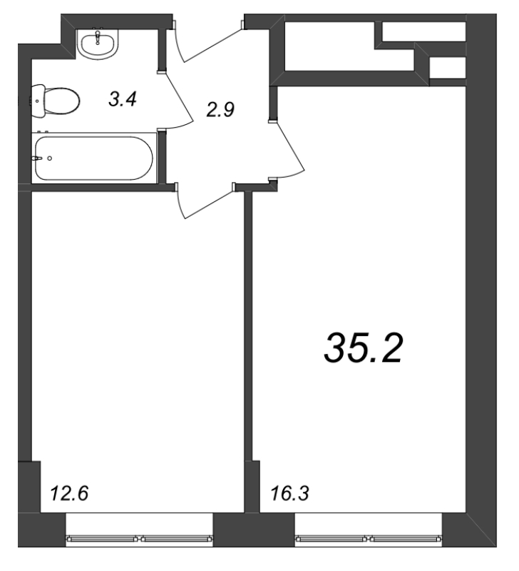 2-комнатная (Евро) квартира, 36.78 м² - планировка, фото №1