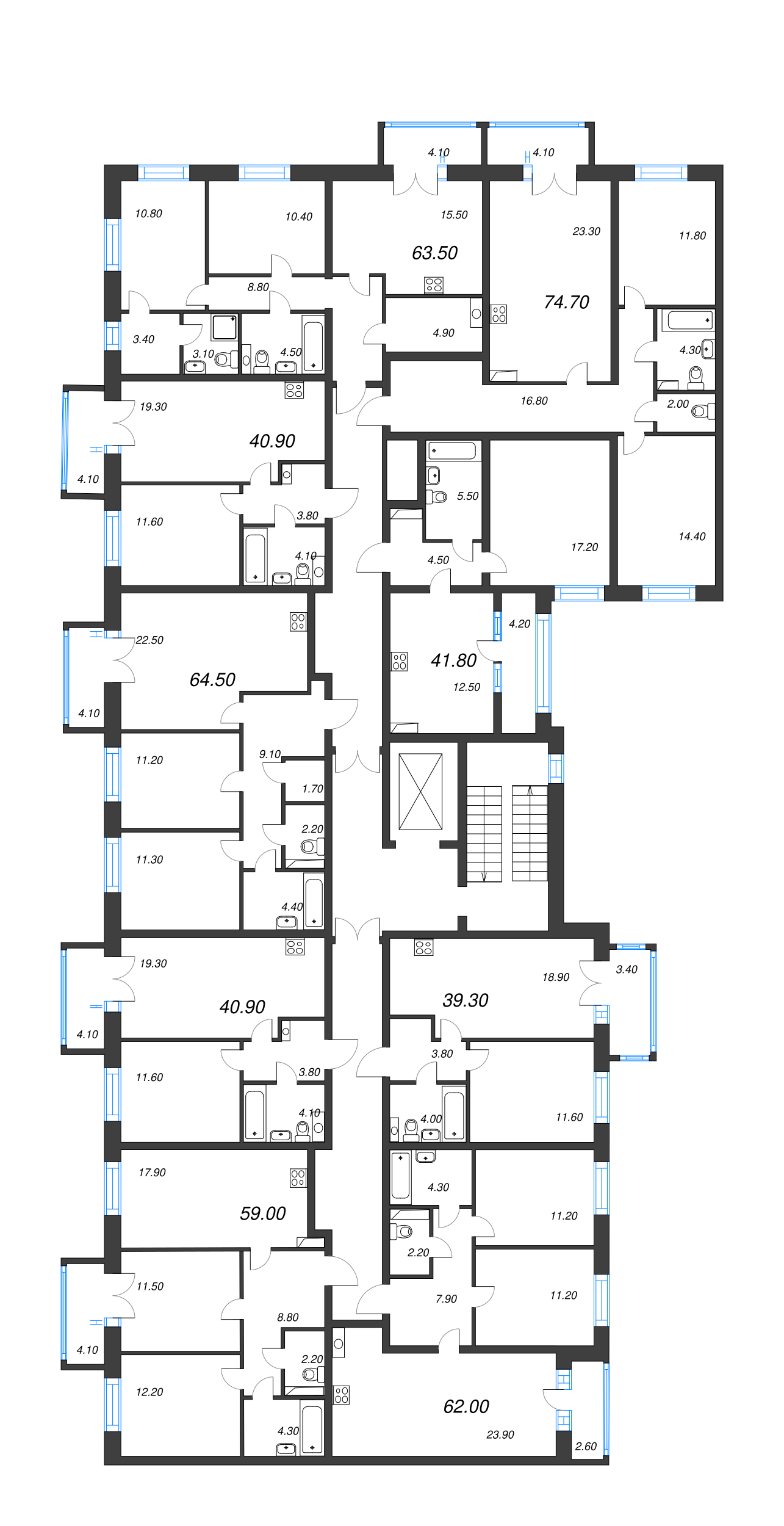 2-комнатная (Евро) квартира, 41.2 м² - планировка этажа