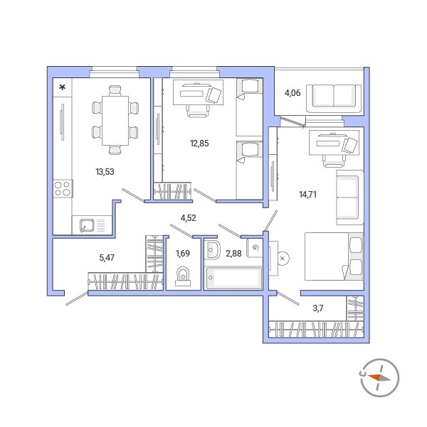 2-комнатная квартира, 63.41 м² - планировка, фото №1