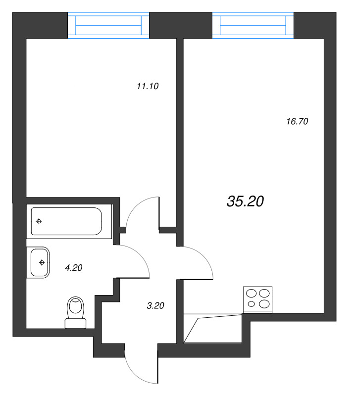 2-комнатная (Евро) квартира, 35.2 м² - планировка, фото №1