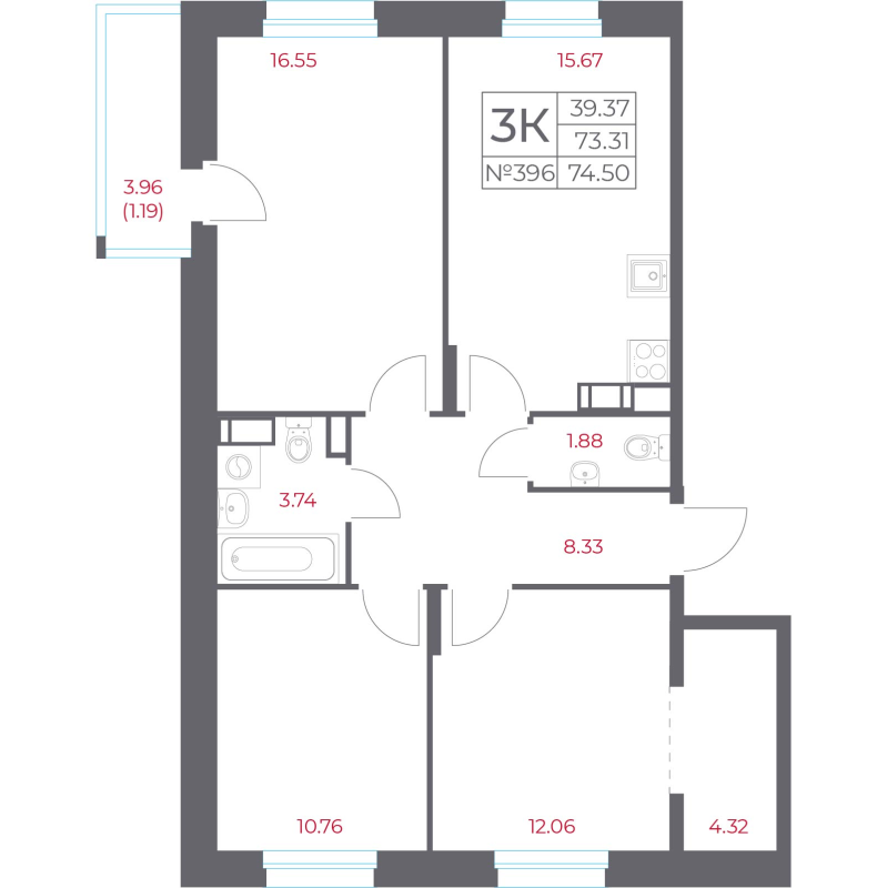 4-комнатная (Евро) квартира, 74.5 м² в ЖК "Город-спутник Южный" - планировка, фото №1
