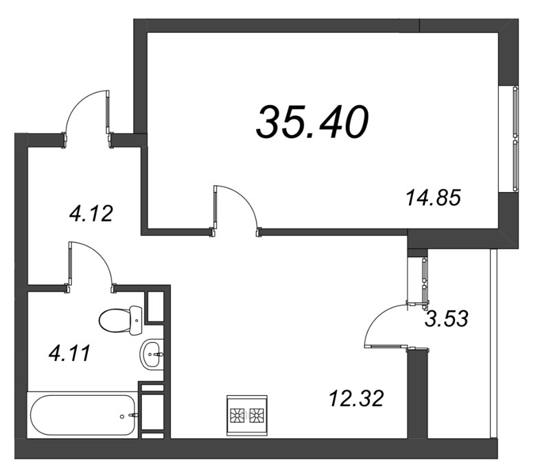 1-комнатная квартира, 35.4 м² в ЖК "Чёрная речка от Ильича" - планировка, фото №1