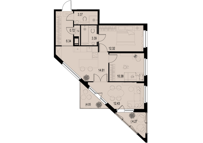 3-комнатная квартира, 66.25 м² - планировка, фото №1