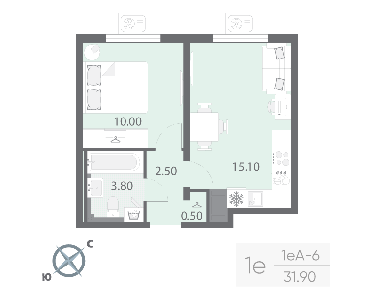 2-комнатная (Евро) квартира, 31.9 м² в ЖК "Зеркальный ручей" - планировка, фото №1