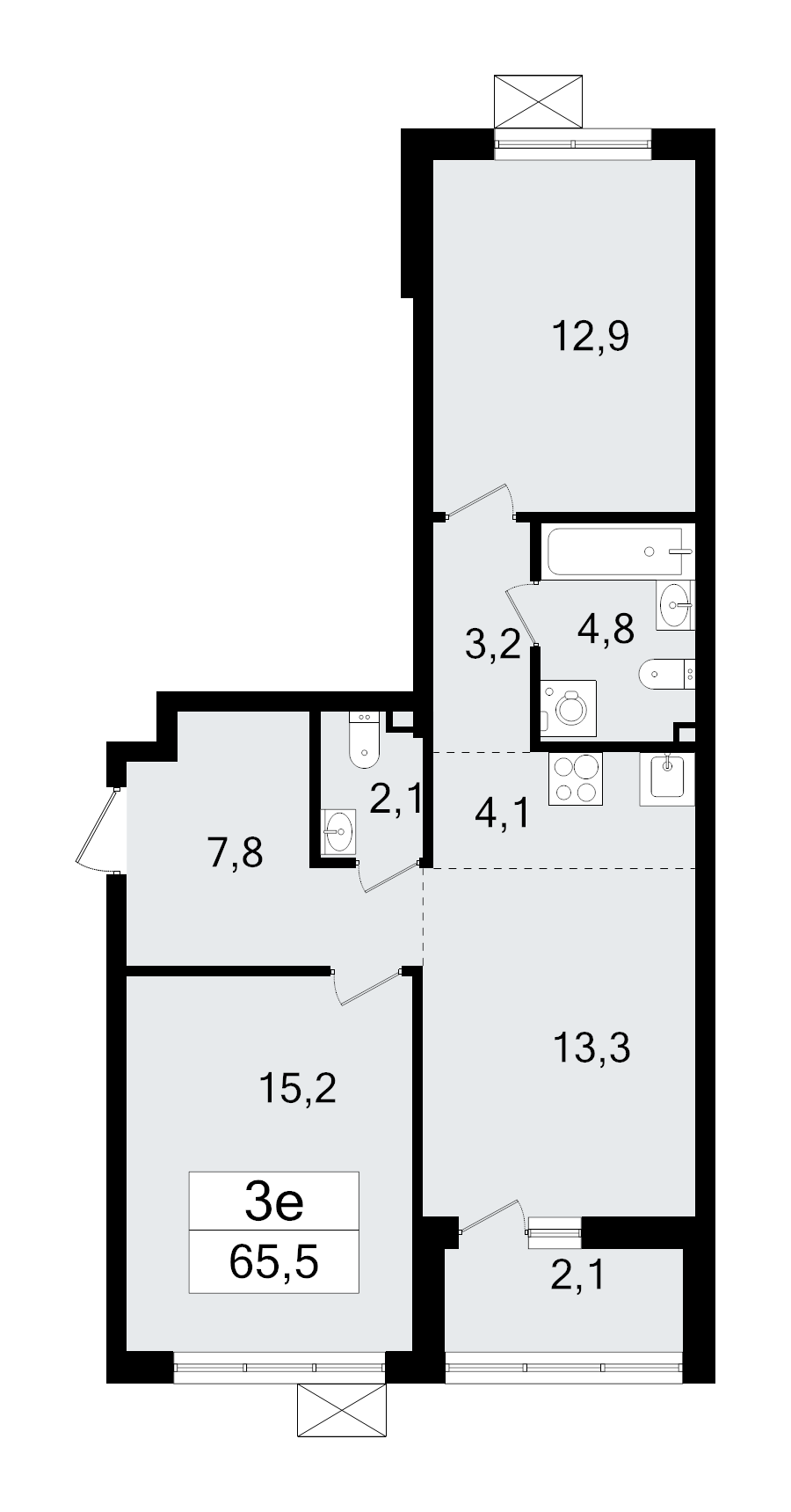 3-комнатная (Евро) квартира, 65.5 м² - планировка, фото №1