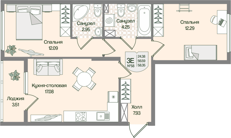 3-комнатная (Евро) квартира, 58.35 м² в ЖК "Охтинские высоты" - планировка, фото №1