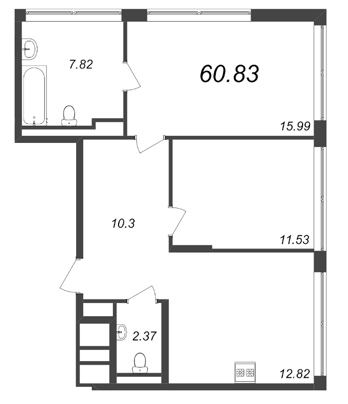 2-комнатная квартира, 60.83 м² - планировка, фото №1