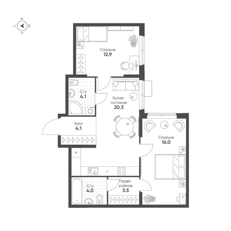 3-комнатная (Евро) квартира, 64.9 м² в ЖК "Ягодное Река Парк" - планировка, фото №1