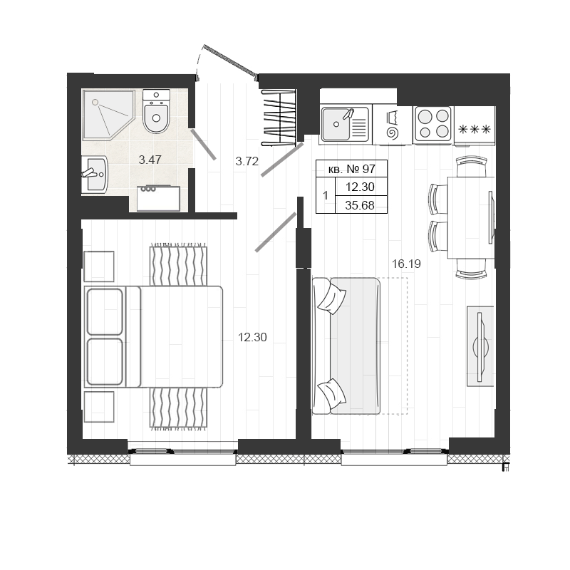 2-комнатная (Евро) квартира, 35.6 м² в ЖК "Верево Сити" - планировка, фото №1