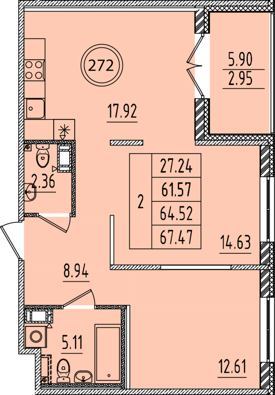 3-комнатная (Евро) квартира, 61.57 м² - планировка, фото №1