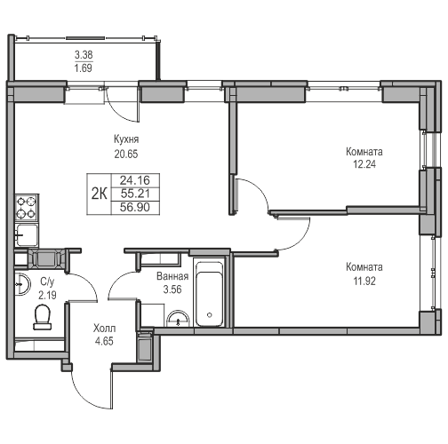 3-комнатная (Евро) квартира, 56.9 м² в ЖК "Юнтолово" - планировка, фото №1
