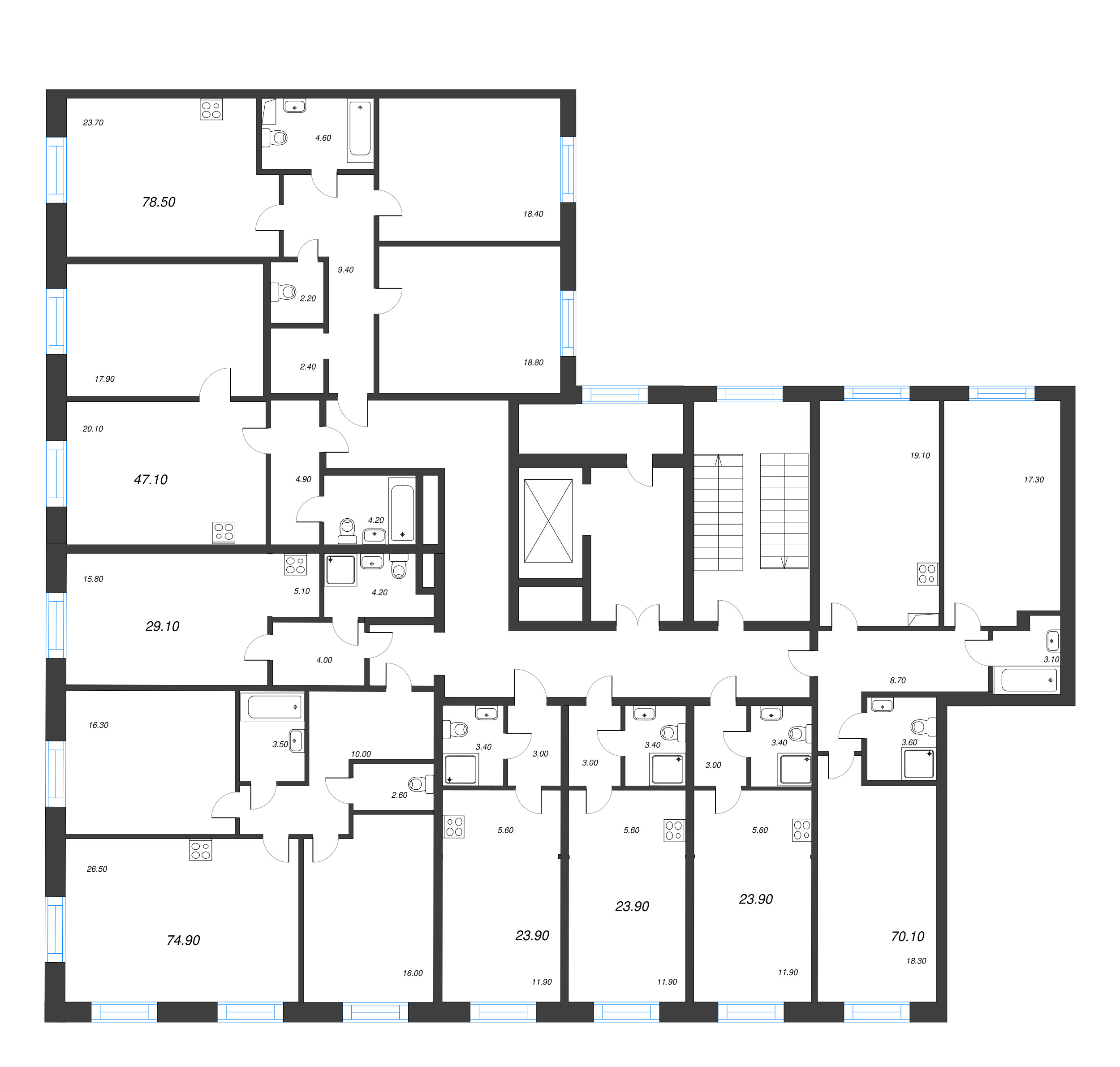 3-комнатная (Евро) квартира, 78.2 м² в ЖК "Neva Haus" - планировка этажа