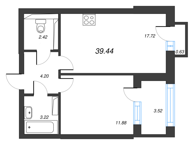 1-комнатная квартира, 40.69 м² в ЖК "Кронфорт. Центральный" - планировка, фото №1