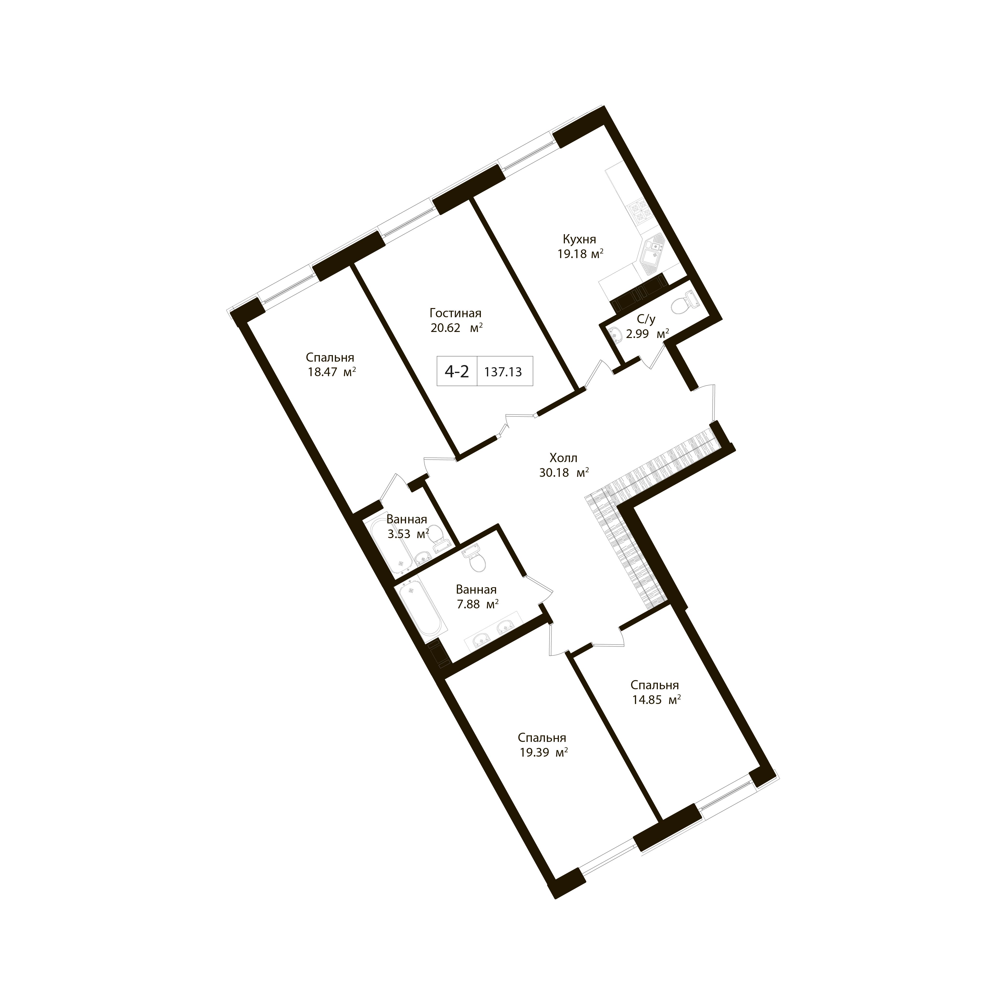 4-комнатная квартира, 138.4 м² - планировка, фото №1