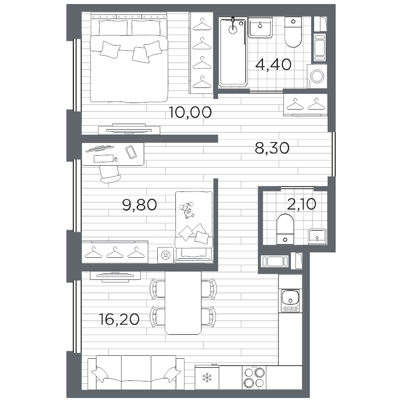 3-комнатная (Евро) квартира, 51.8 м² в ЖК "Плюс Пулковский" - планировка, фото №1
