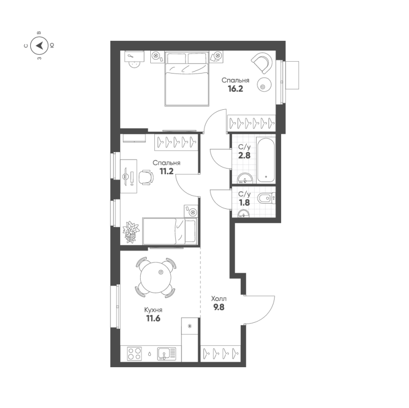 2-комнатная квартира, 53.4 м² в ЖК "Ягодное Река Парк" - планировка, фото №1