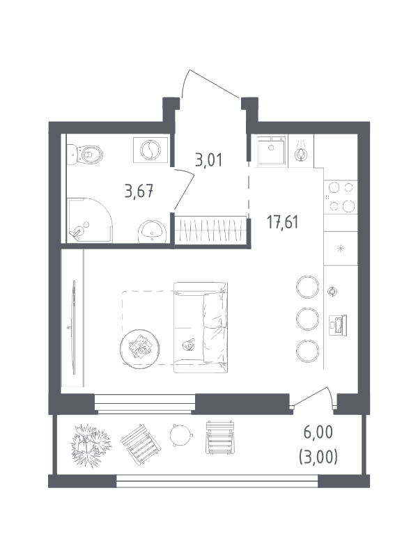 Квартира-студия, 27.29 м² - планировка, фото №1