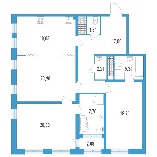 3-комнатная квартира, 113.62 м² - планировка, фото №1