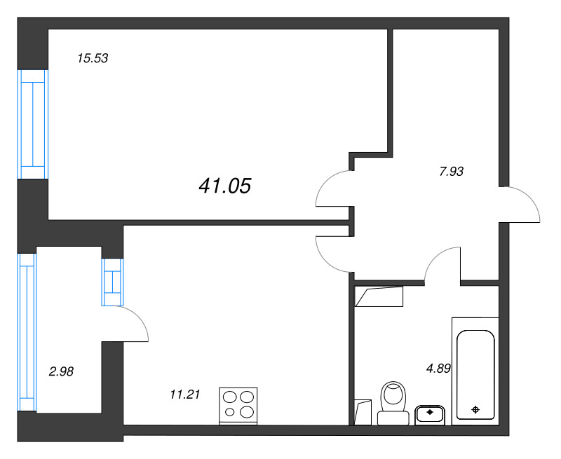 1-комнатная квартира, 41.05 м² - планировка, фото №1