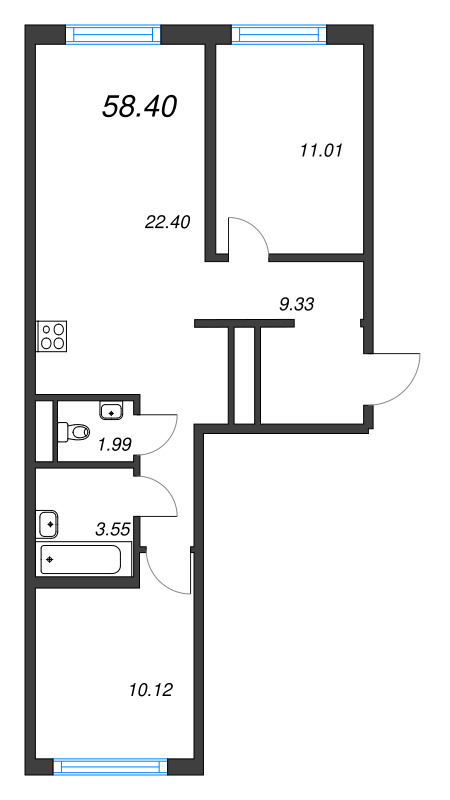 3-комнатная (Евро) квартира, 58.4 м² в ЖК "Legenda Васильевского" - планировка, фото №1