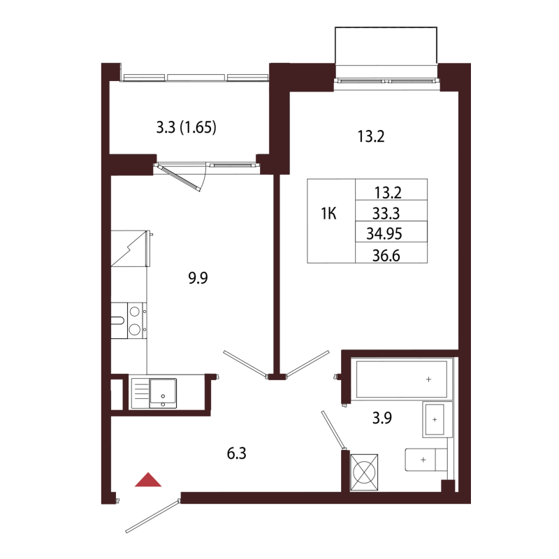 1-комнатная квартира, 34.95 м² в ЖК "Лисино" - планировка, фото №1