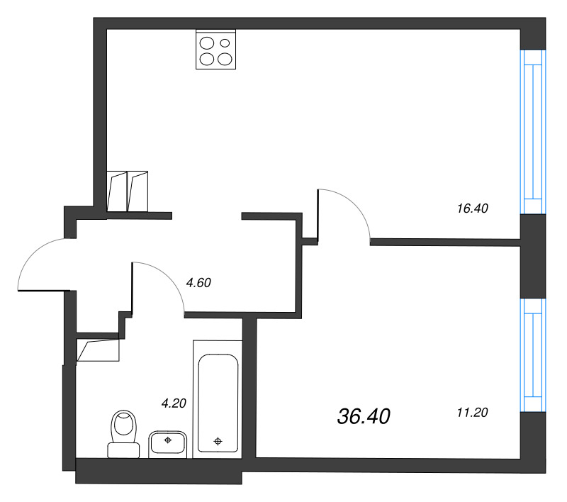 2-комнатная (Евро) квартира, 36.4 м² в ЖК "Струны" - планировка, фото №1
