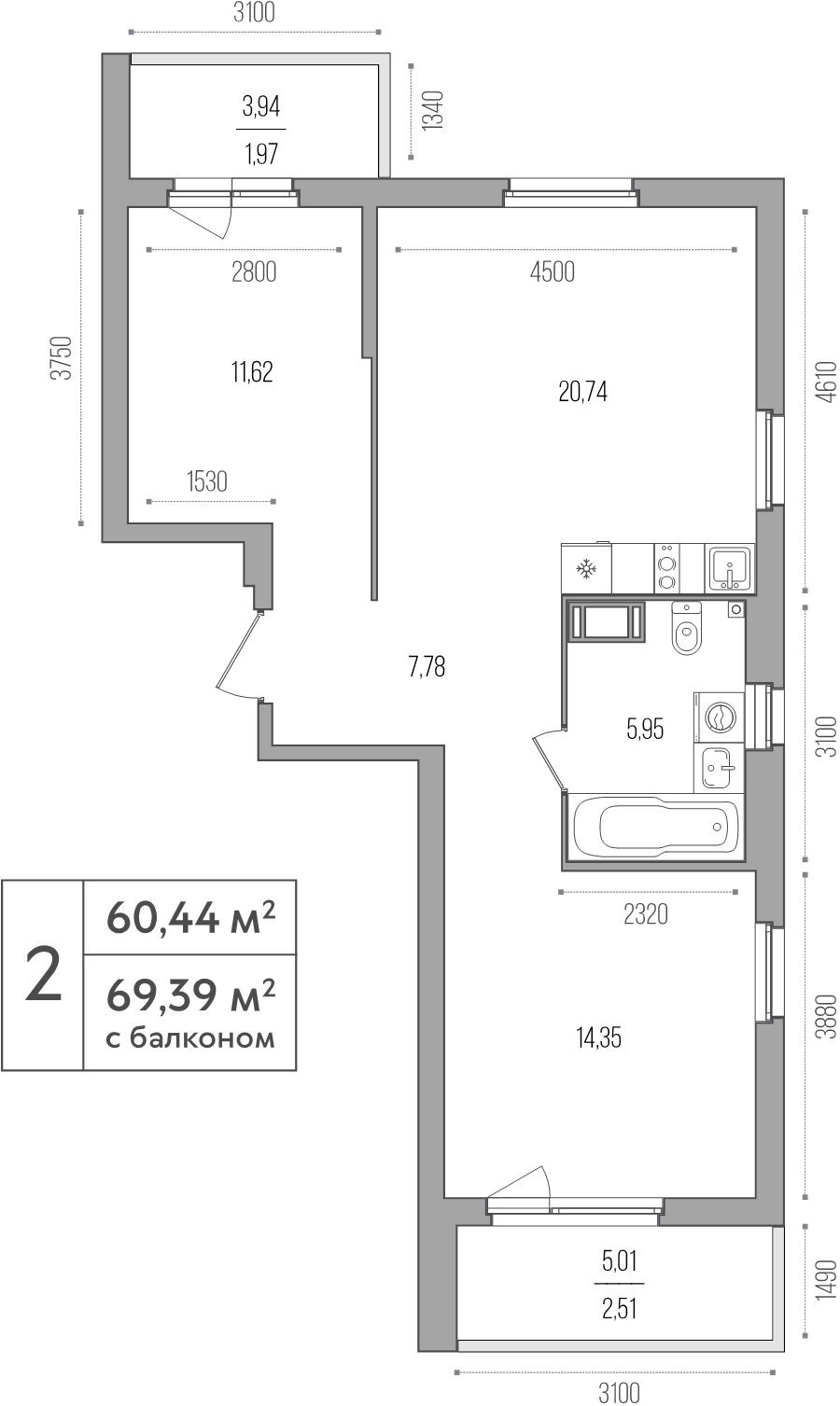 3-комнатная (Евро) квартира, 60.44 м² в ЖК "Simple" - планировка, фото №1