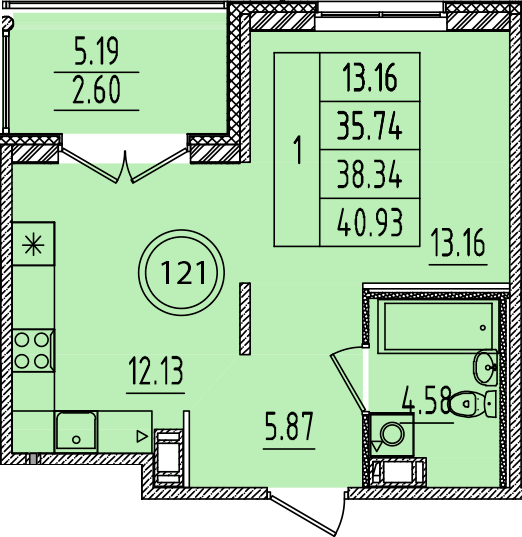 1-комнатная квартира, 35.74 м² в ЖК "Образцовый квартал 14" - планировка, фото №1