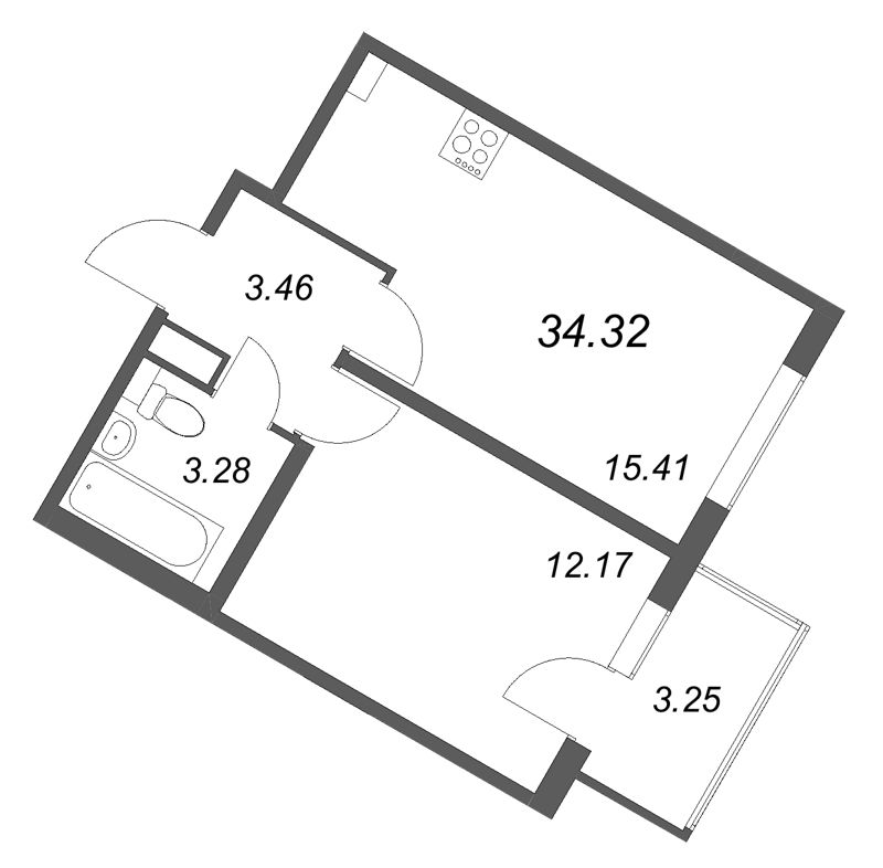 2-комнатная (Евро) квартира, 34.32 м² в ЖК "Любоград" - планировка, фото №1