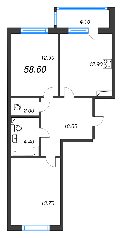 2-комнатная квартира, 58.6 м² - планировка, фото №1