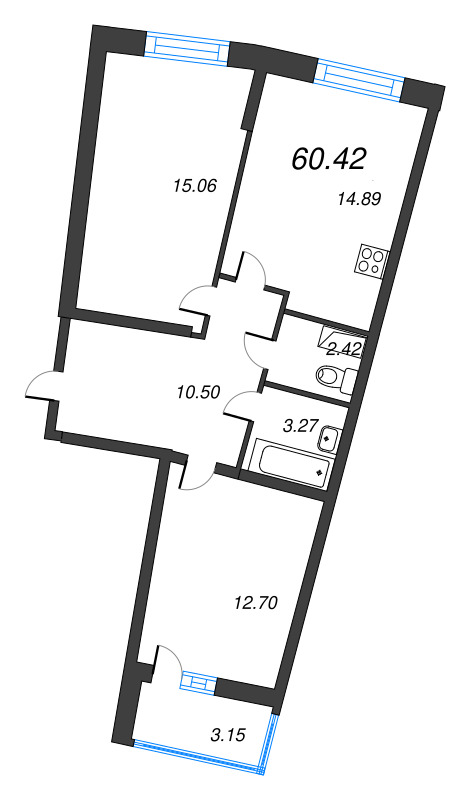 3-комнатная (Евро) квартира, 60.42 м² в ЖК "Дом Левитан" - планировка, фото №1