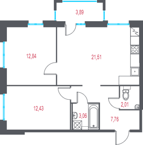 3-комнатная (Евро) квартира, 60.78 м² - планировка, фото №1