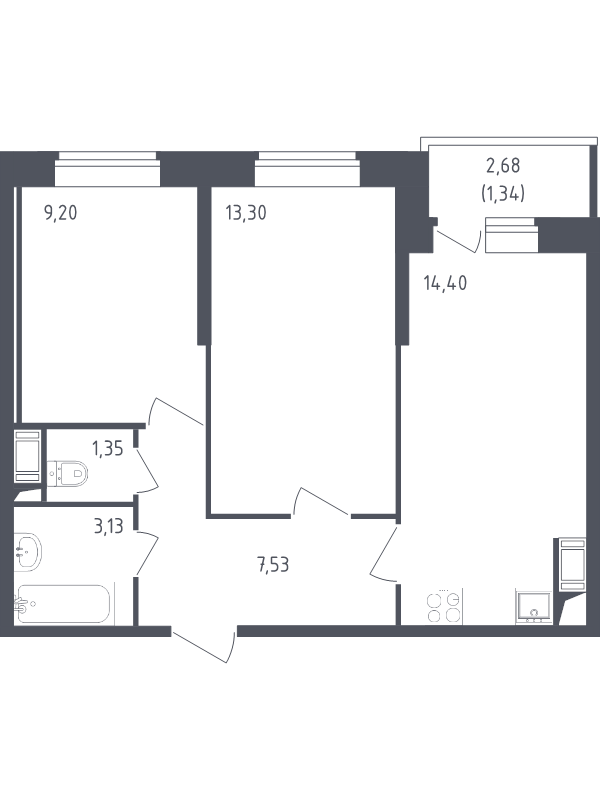 2-комнатная квартира, 50.25 м² в ЖК "Живи! В Рыбацком" - планировка, фото №1