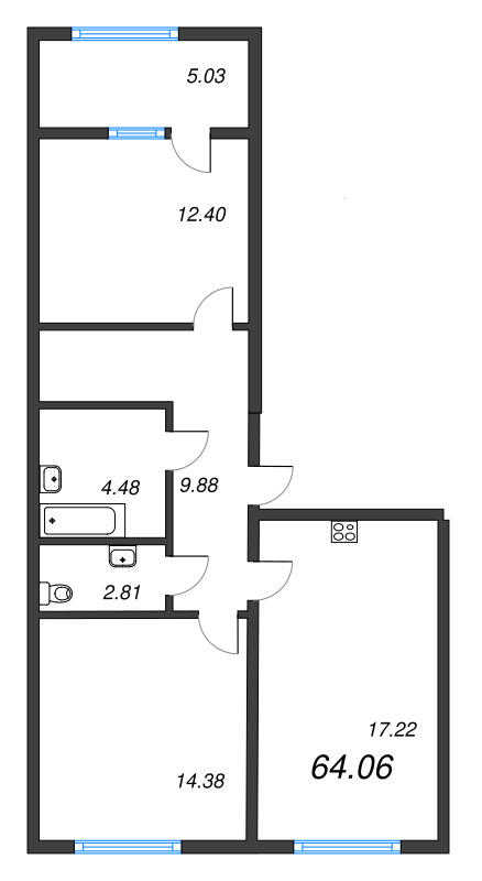 3-комнатная (Евро) квартира, 64.06 м² - планировка, фото №1