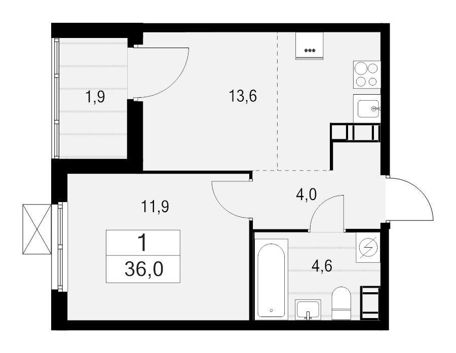 1-комнатная квартира, 36 м² в ЖК "А101 Лаголово" - планировка, фото №1
